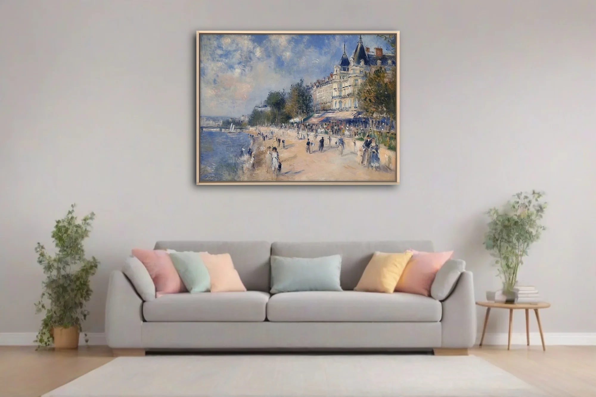 Soft painterly riverside promenade with strolling figures, mansard architecture, dappled blue and cream palette