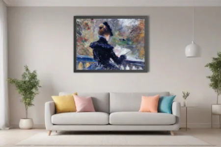 Soft painterly portrait of a figure in black reading by a garden river, painterly broken color