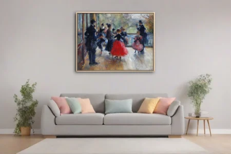 Soft painterly Victorian figures in red and black on a sunlit veranda overlooking an autumn park