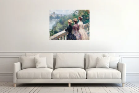 Soft painterly Parisian riverside scene with figures in period dress, soft greens and rose pastels