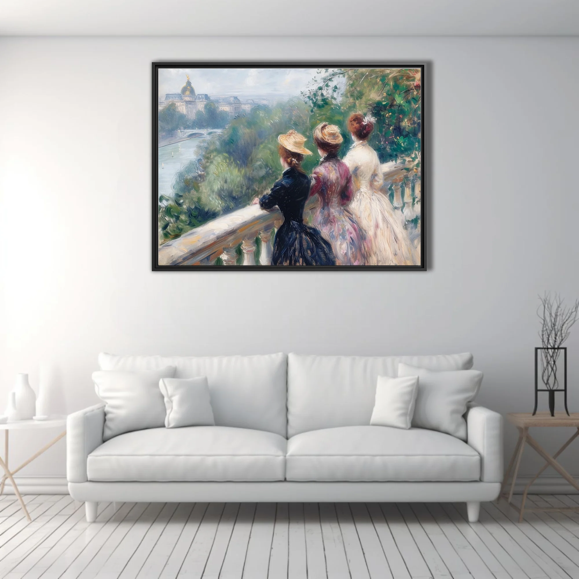 Soft painterly Parisian riverside scene with figures in period dress, soft greens and rose pastels