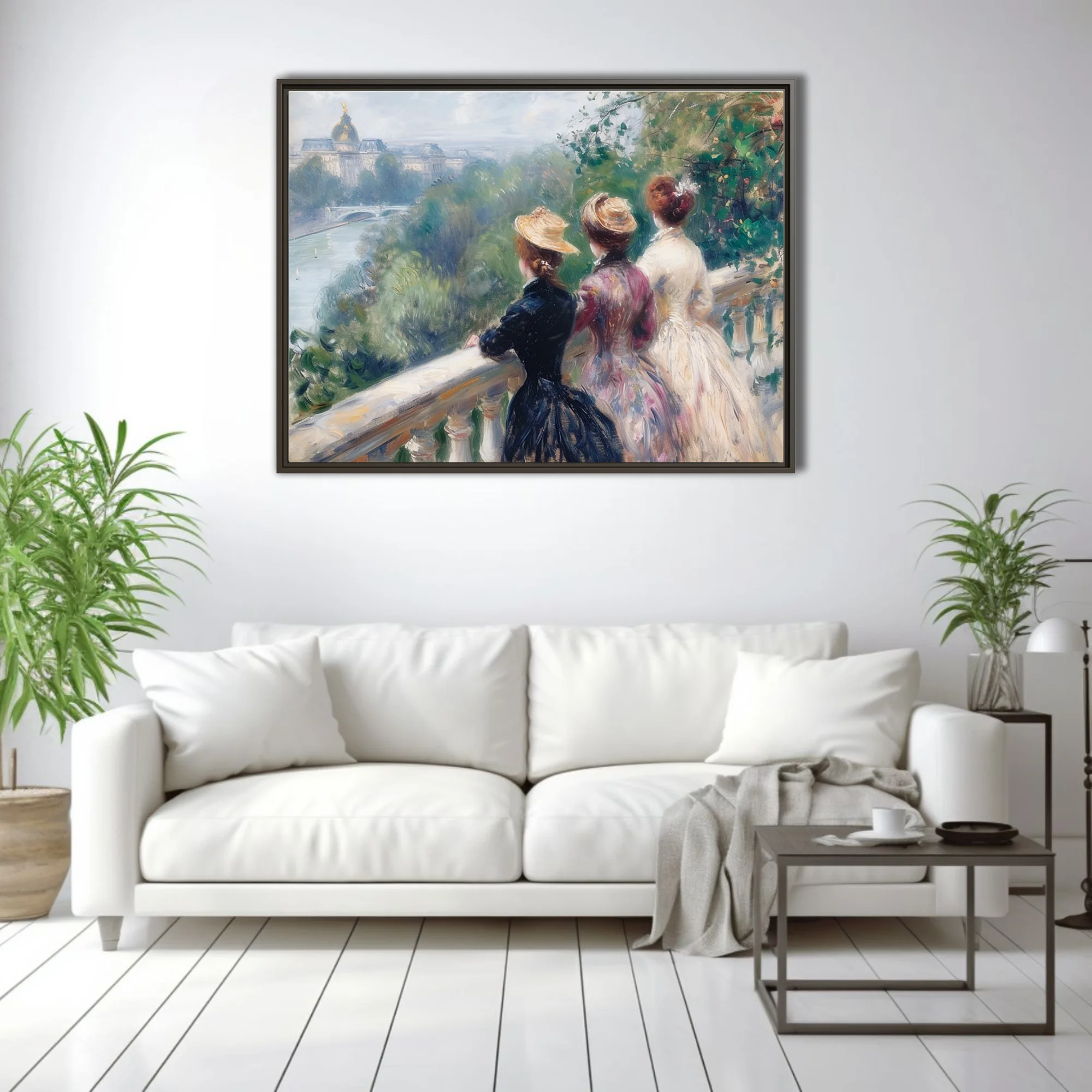Soft painterly Parisian riverside scene with figures in period dress, soft greens and rose pastels