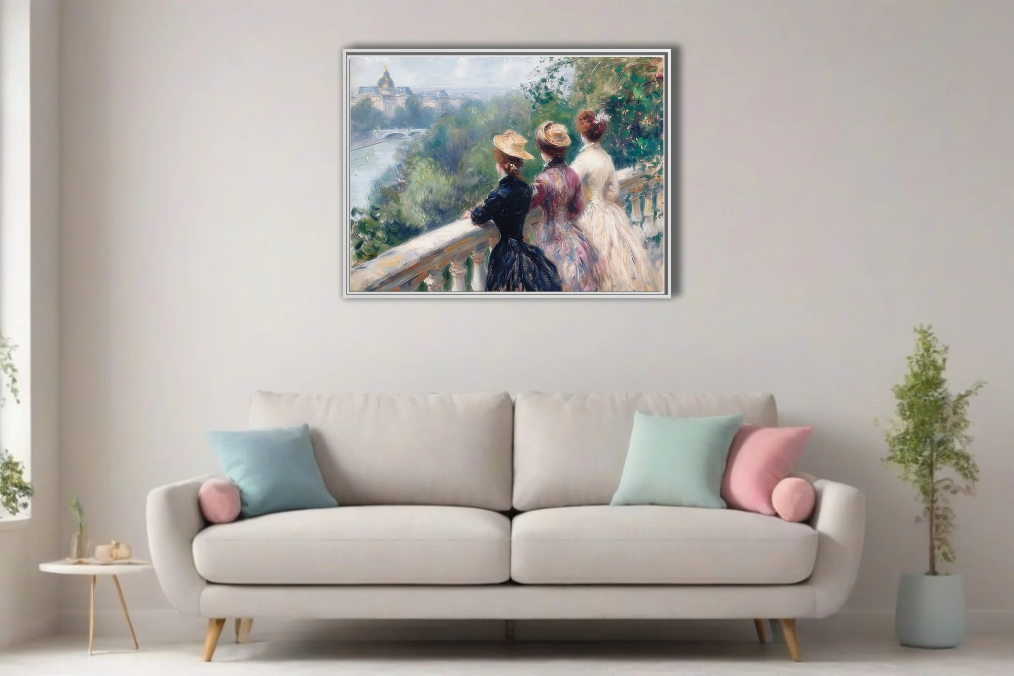 Soft painterly Parisian riverside scene with figures in period dress, soft greens and rose pastels