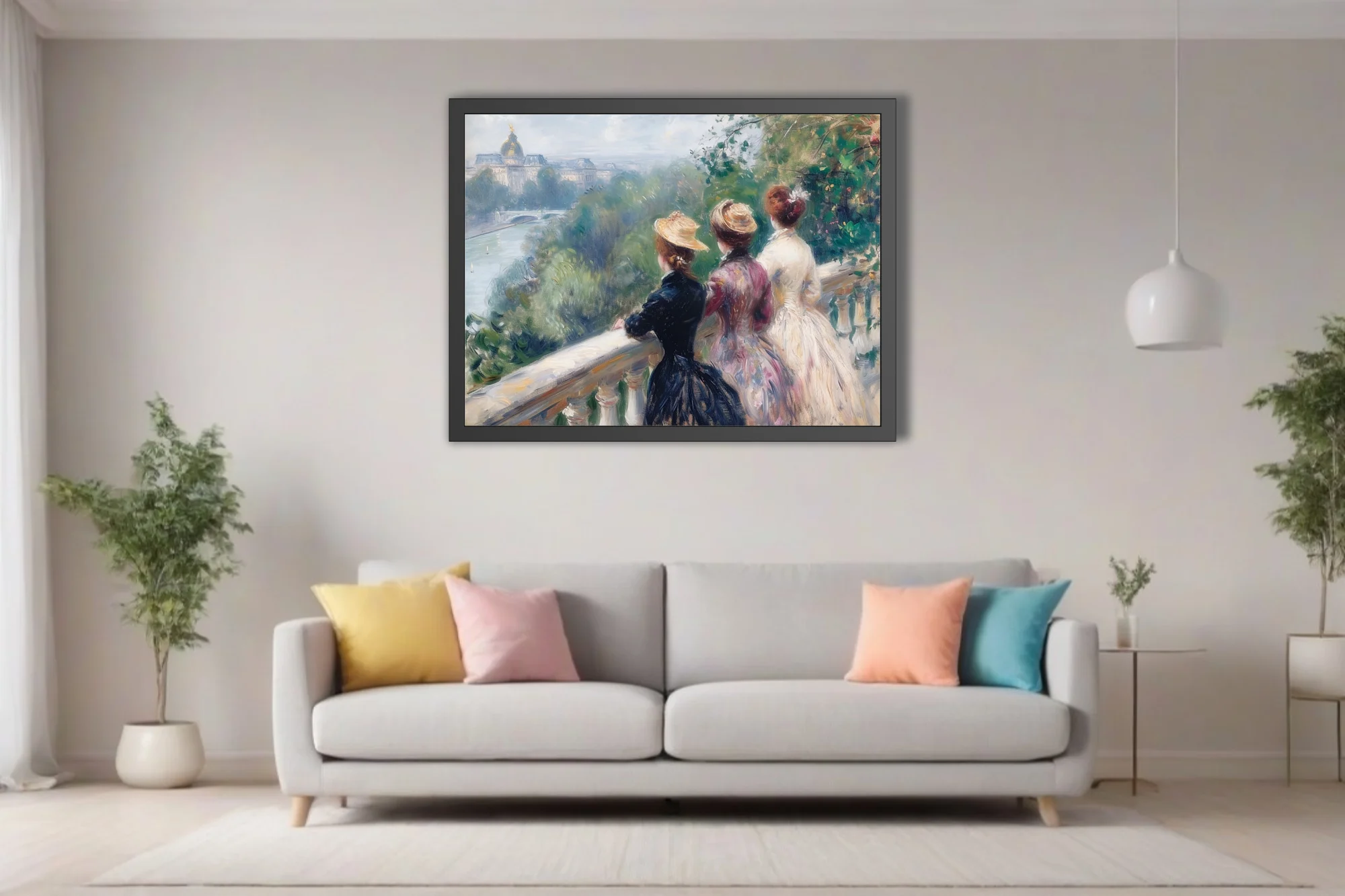 Soft painterly Parisian riverside scene with figures in period dress, soft greens and rose pastels