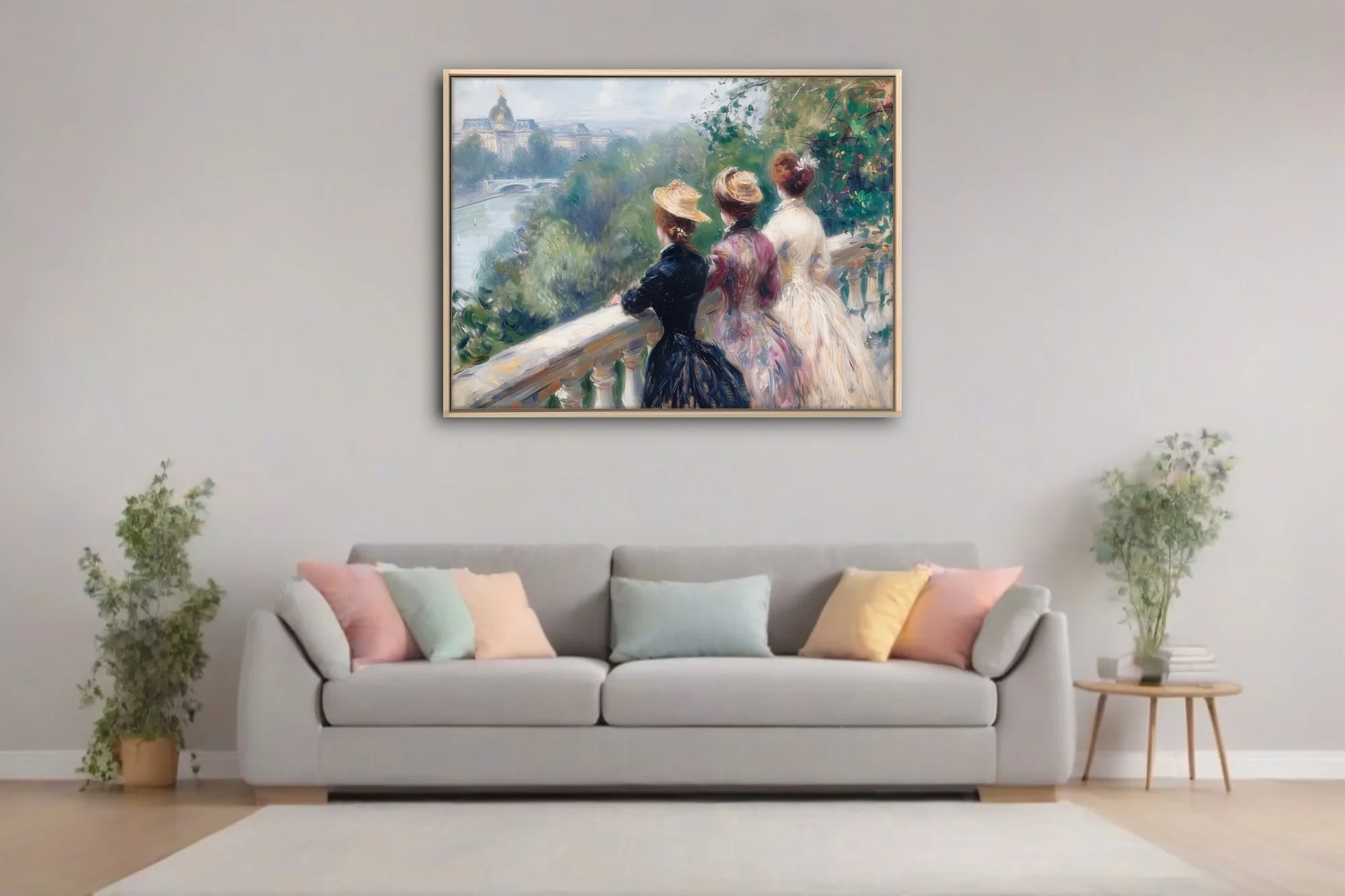 Soft painterly Parisian riverside scene with figures in period dress, soft greens and rose pastels