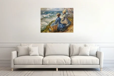 Soft painterly seaside scene with period figures in blue and cream above churning waves