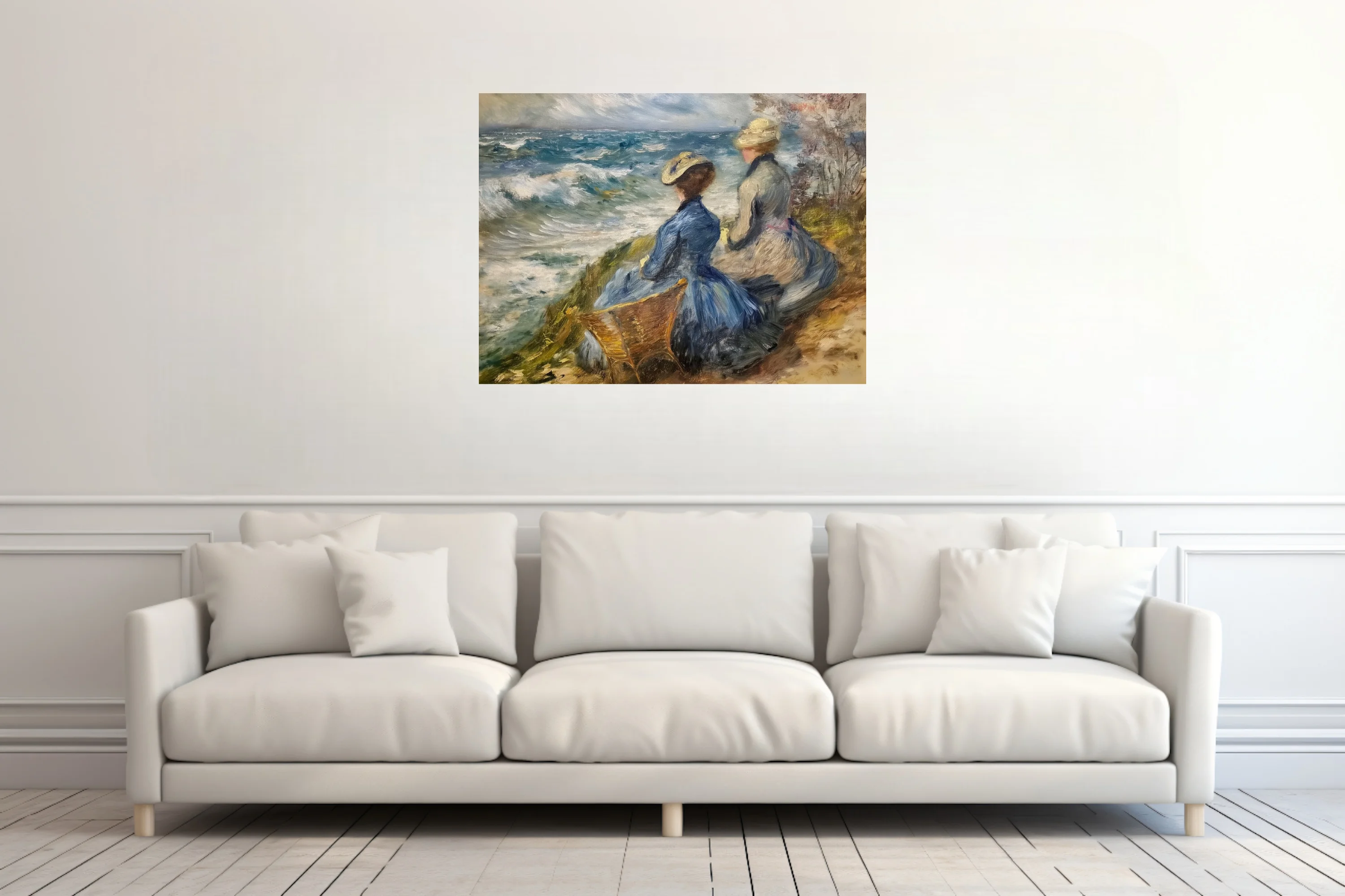 Soft painterly seaside scene with period figures in blue and cream above churning waves