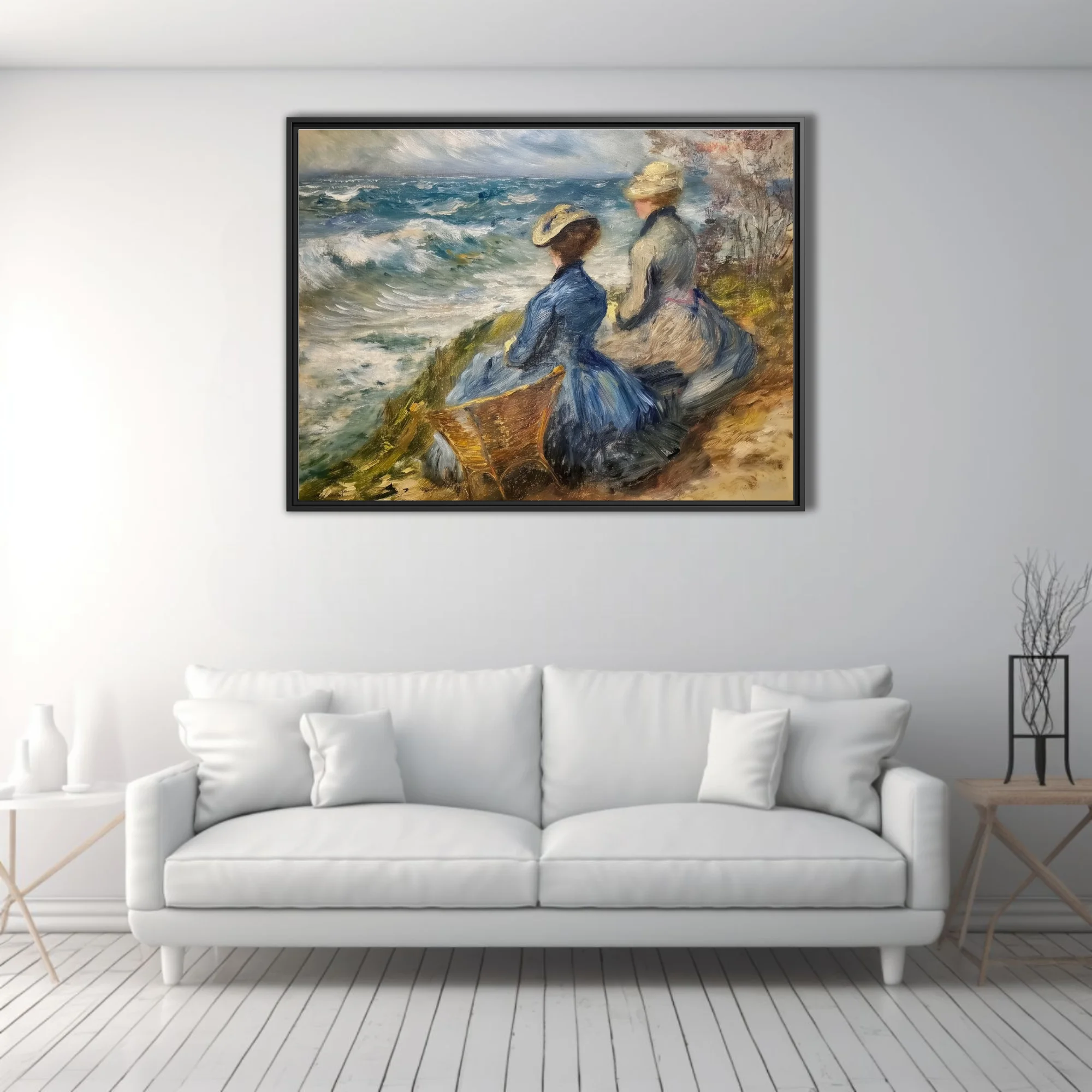 Soft painterly seaside scene with period figures in blue and cream above churning waves