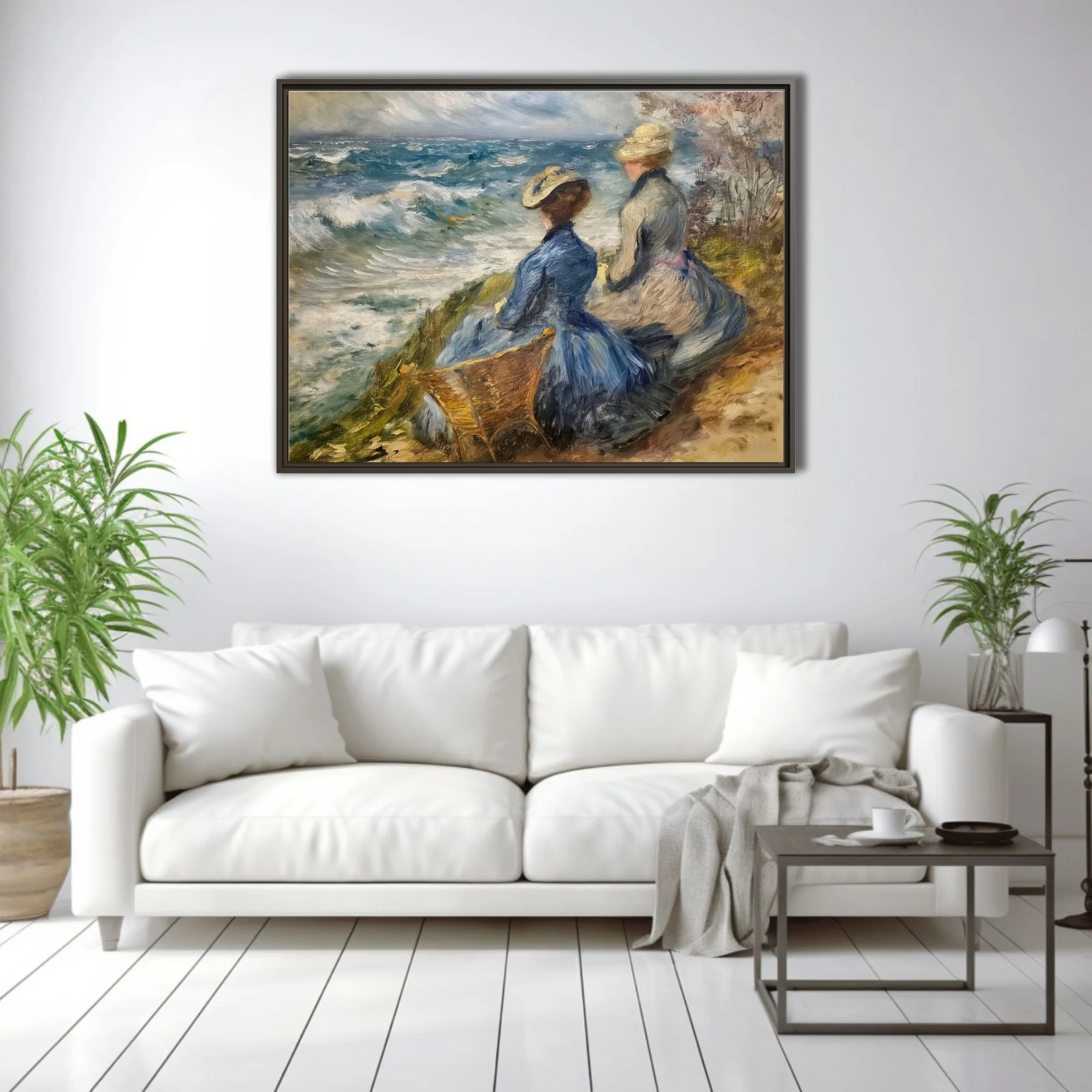 Soft painterly seaside scene with period figures in blue and cream above churning waves