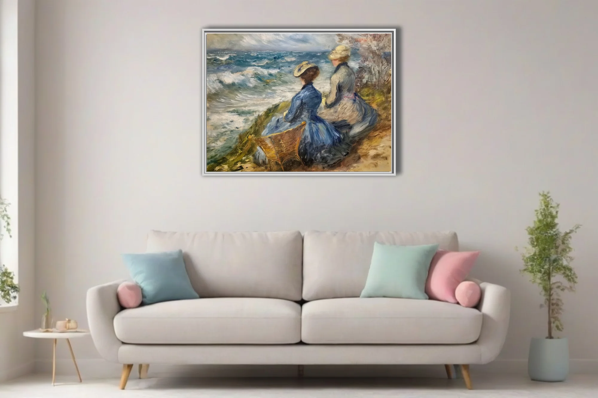 Soft painterly seaside scene with period figures in blue and cream above churning waves