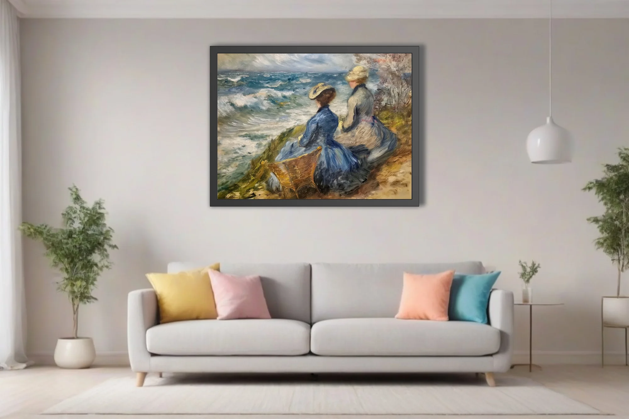 Soft painterly seaside scene with period figures in blue and cream above churning waves