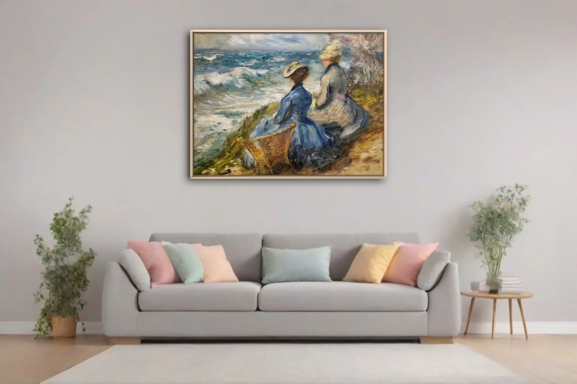Soft painterly seaside scene with period figures in blue and cream above churning waves