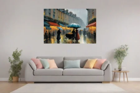 Painterly Victorian rainy street scene with umbrellas, flower cart, glowing awnings and wet cobblestones