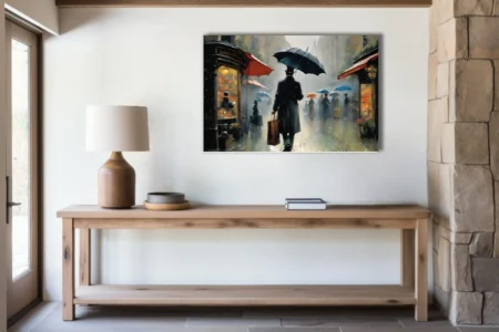 Painterly Victorian rainy street scene with top-hatted figure, umbrellas, glowing shopfronts, moody greys