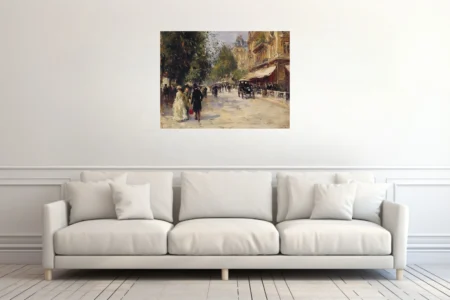 Soft painterly city street scene with strolling figures, carriage, and tree-lined boulevard in soft pastel tones