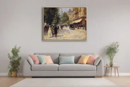 Soft painterly city street scene with strolling figures, carriage, and tree-lined boulevard in soft pastel tones