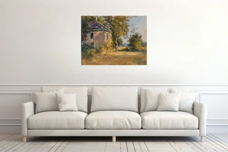 Soft painterly stone cottage among trees in golden light, painterly rural landscape in ochre and green