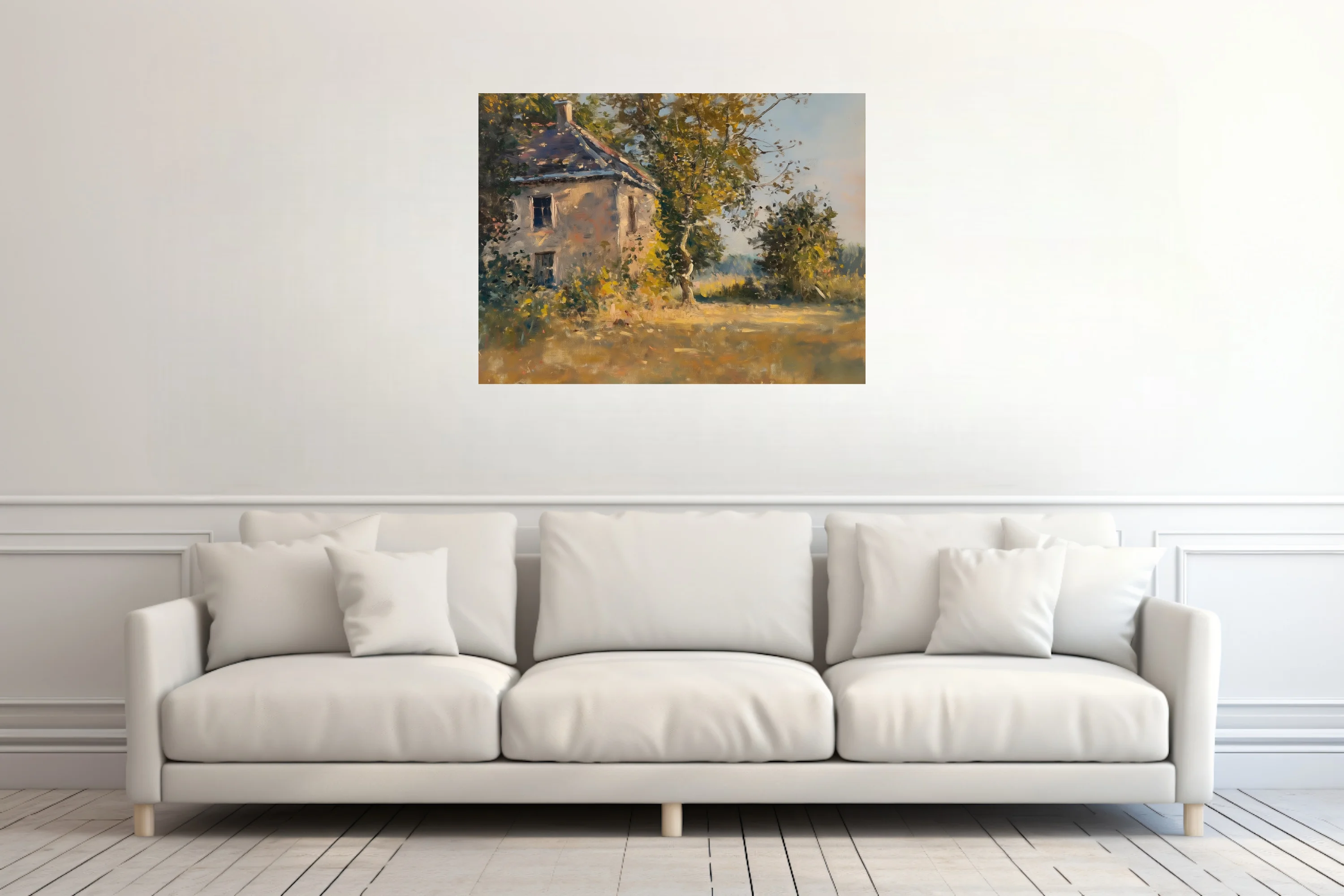 Soft painterly stone cottage among trees in golden light, painterly rural landscape in ochre and green