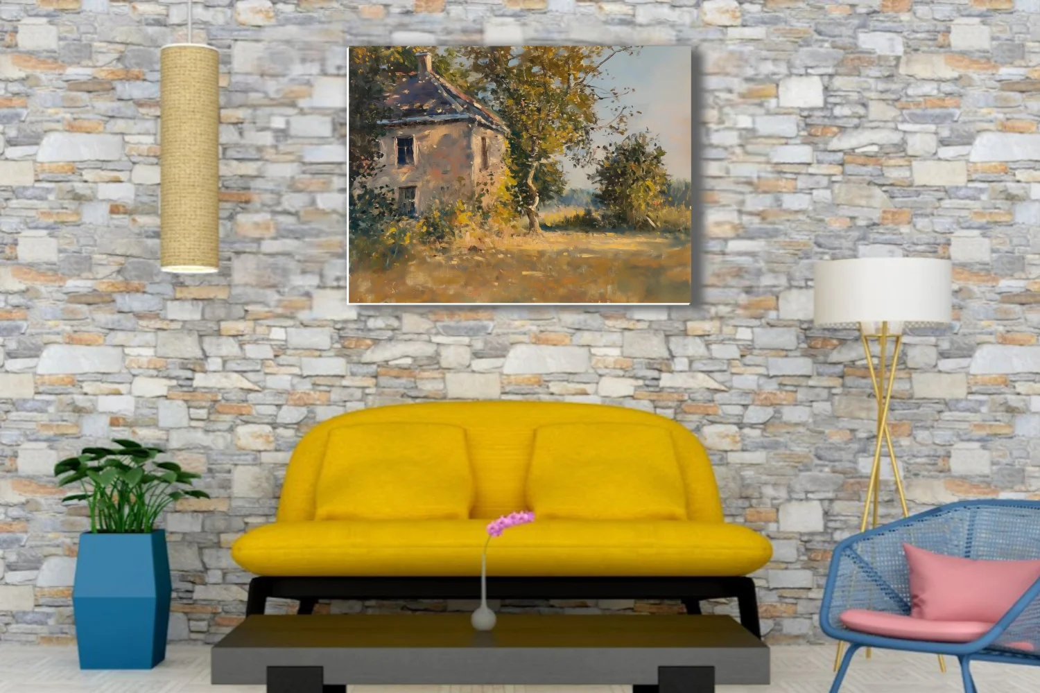 Soft painterly stone cottage among trees in golden light, painterly rural landscape in ochre and green