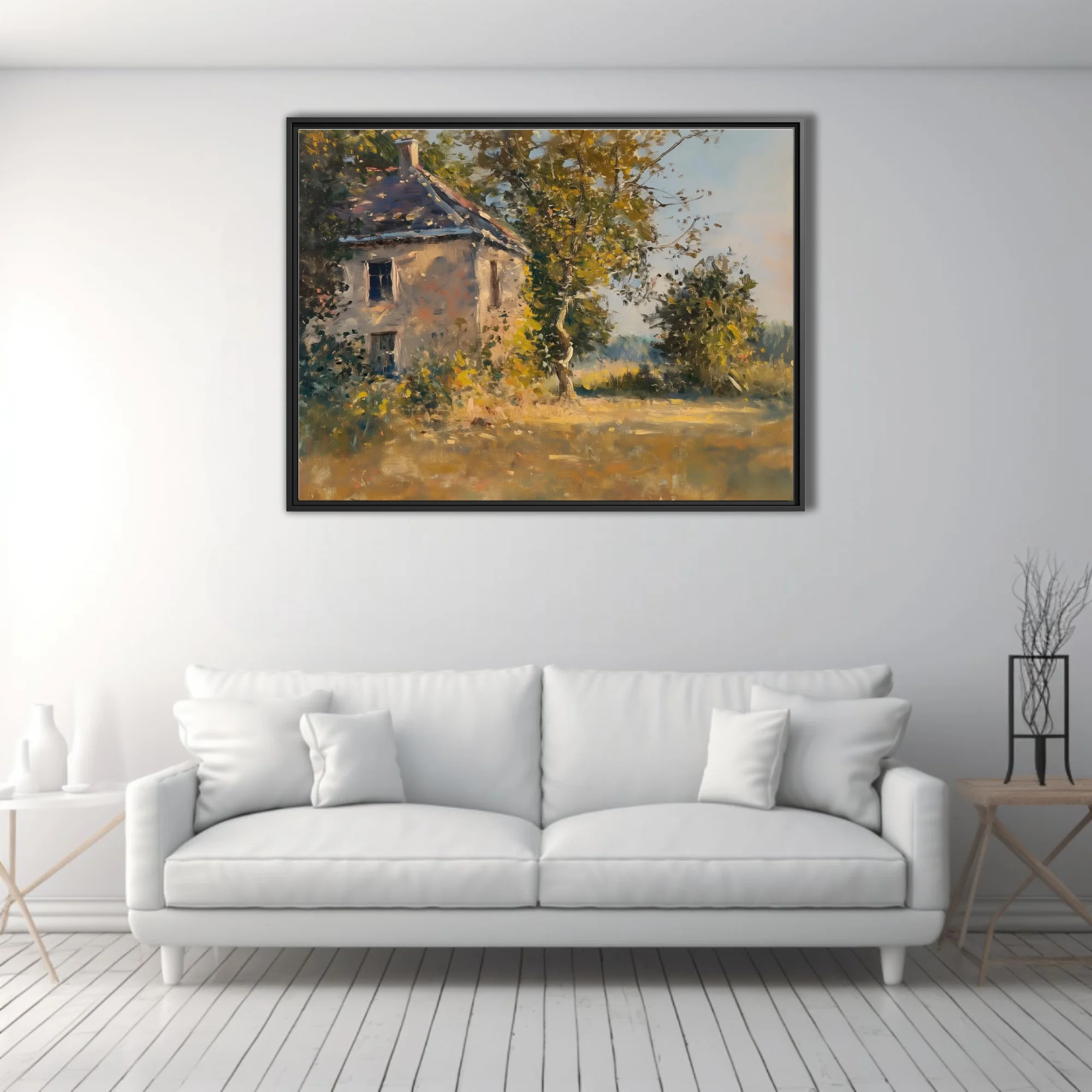 Soft painterly stone cottage among trees in golden light, painterly rural landscape in ochre and green