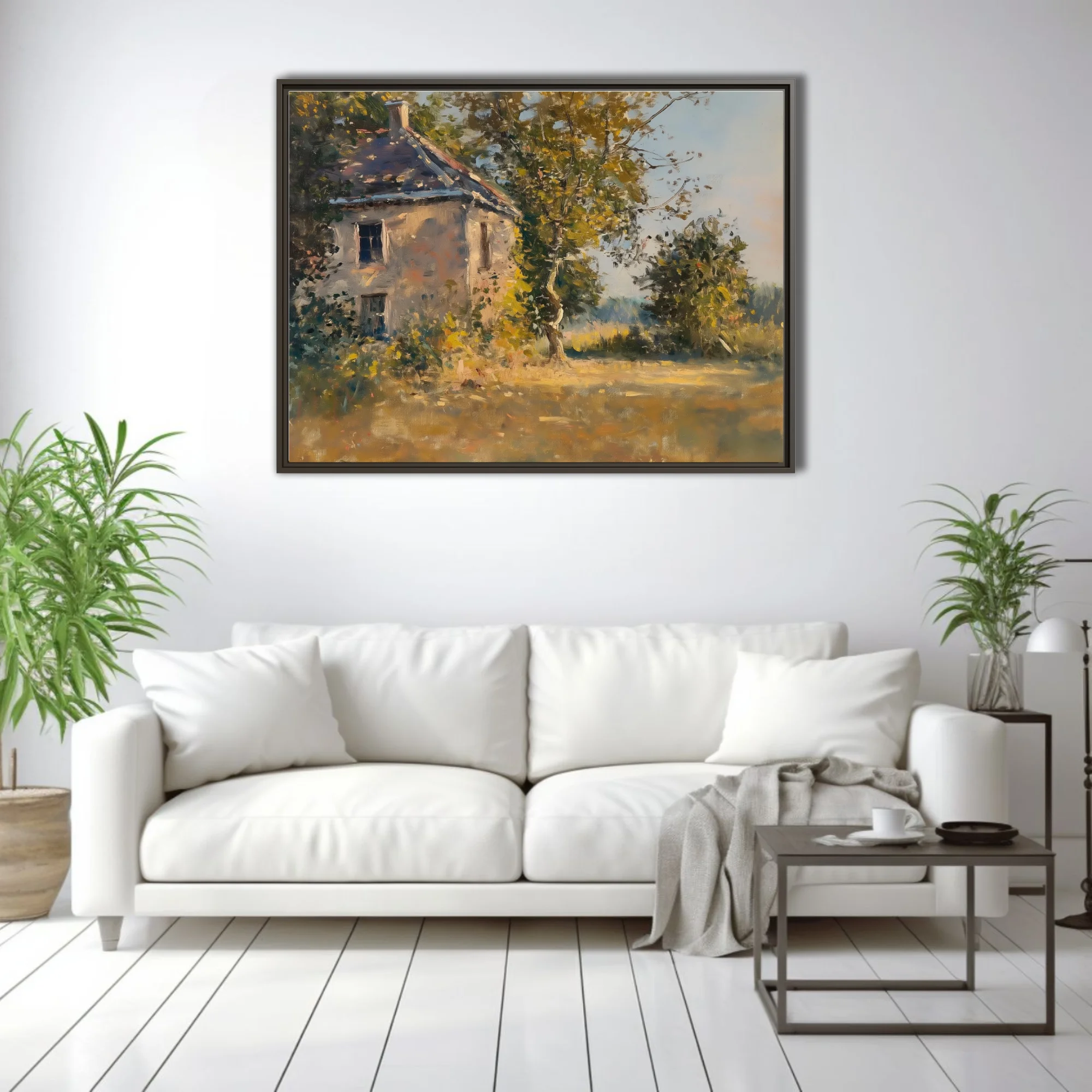 Soft painterly stone cottage among trees in golden light, painterly rural landscape in ochre and green