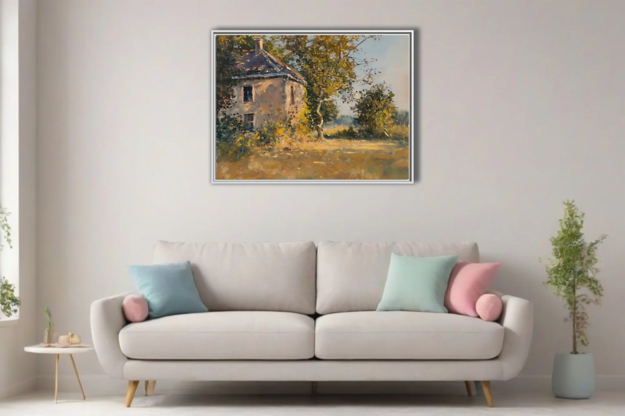 Soft painterly stone cottage among trees in golden light, painterly rural landscape in ochre and green