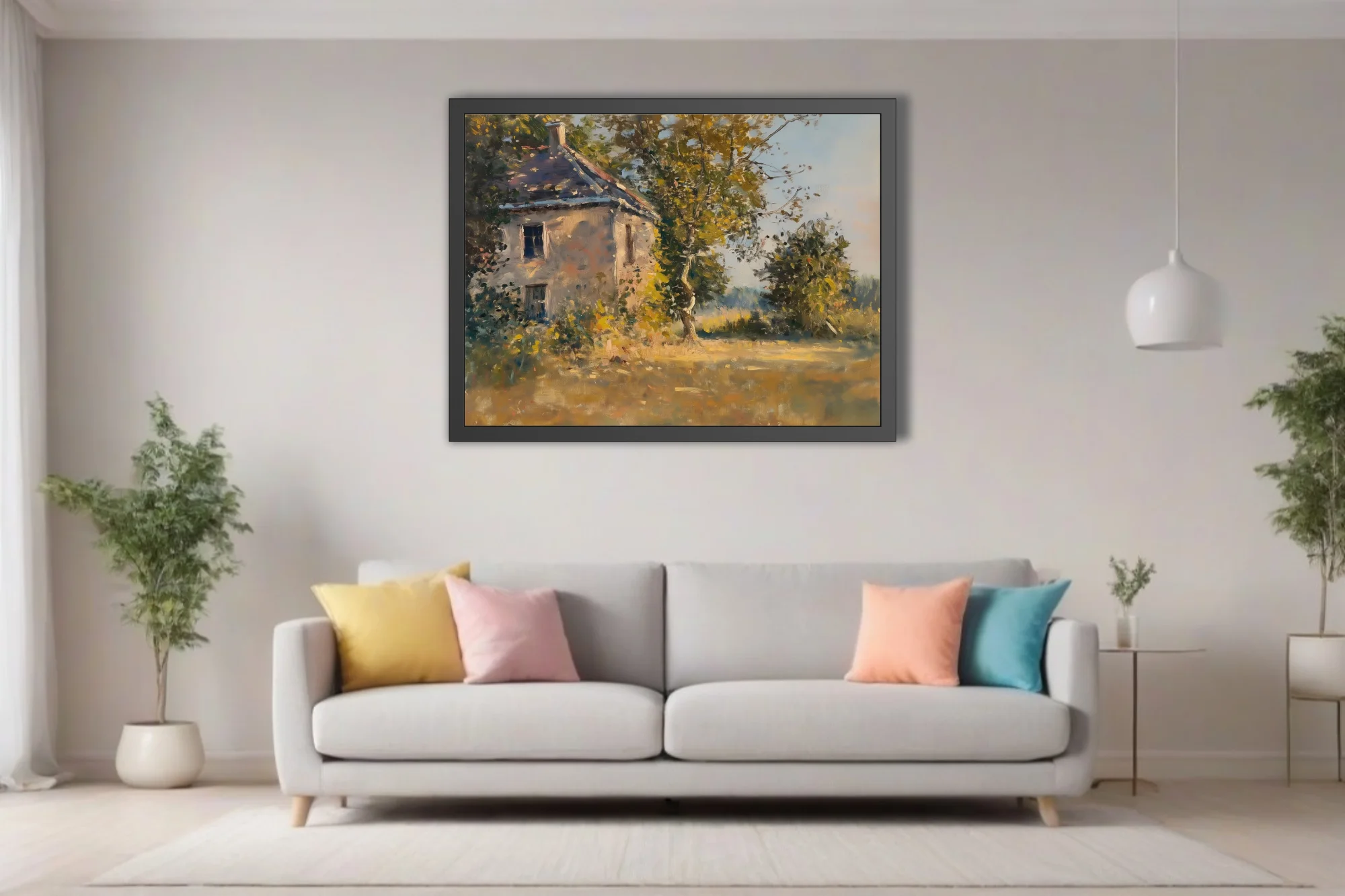 Soft painterly stone cottage among trees in golden light, painterly rural landscape in ochre and green