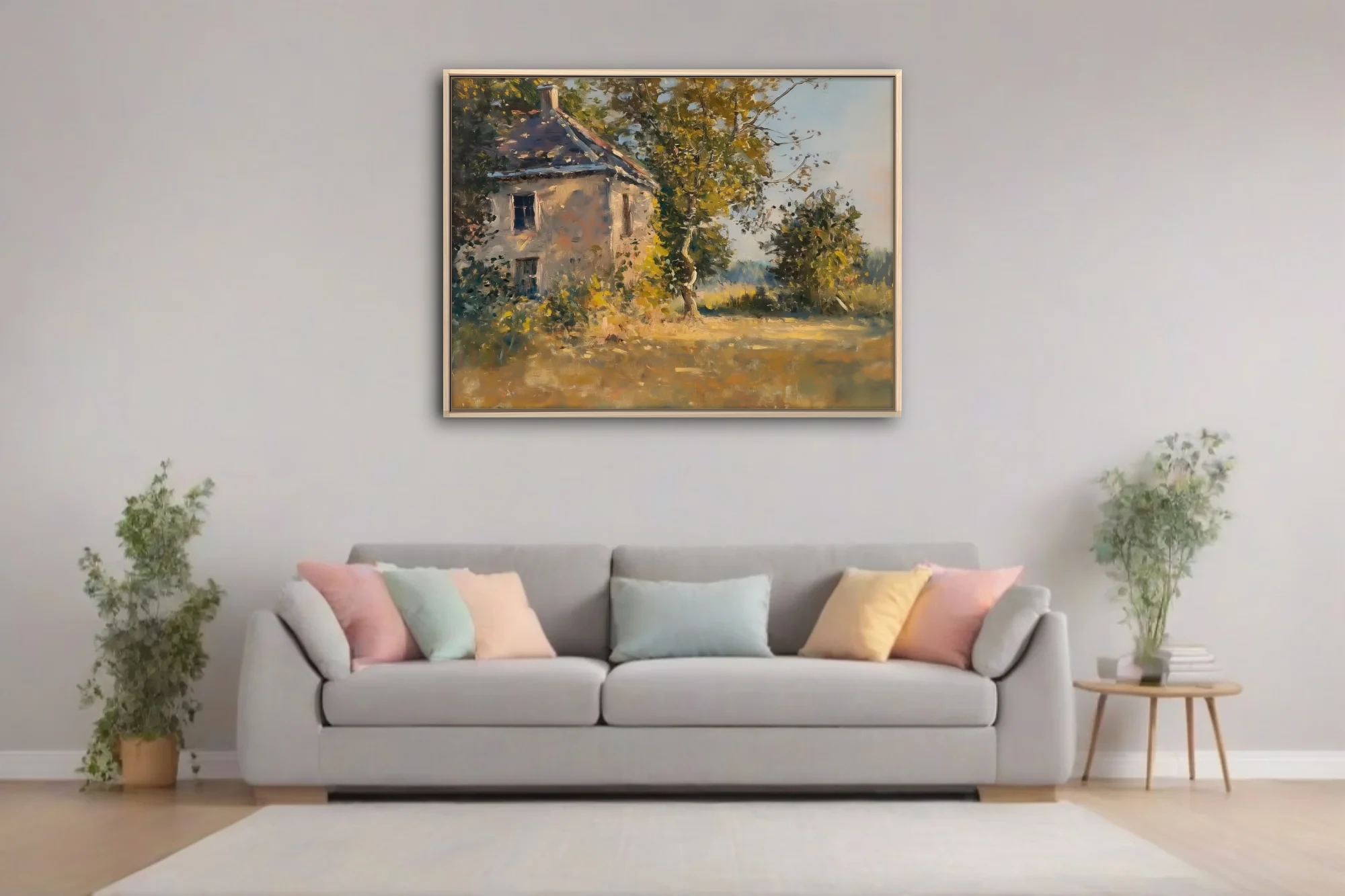 Soft painterly stone cottage among trees in golden light, painterly rural landscape in ochre and green