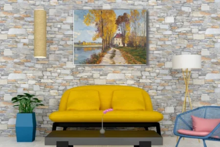 Soft painterly autumn riverside cottage with golden poplars and soft blue water, painterly landscape