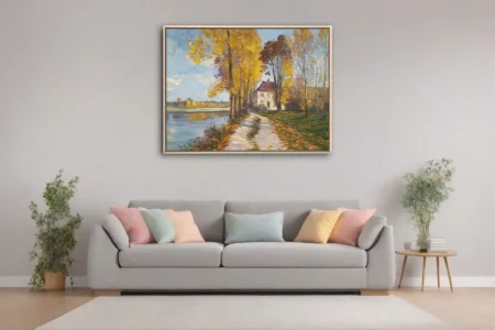 Soft painterly autumn riverside cottage with golden poplars and soft blue water, painterly landscape