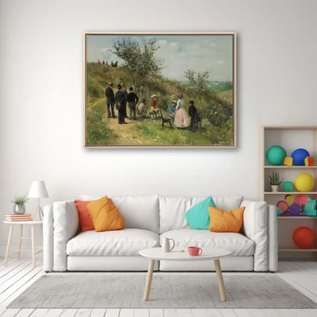 Soft painterly countryside excursion with period figures, soft greens and dusty rose, plein-air summer light