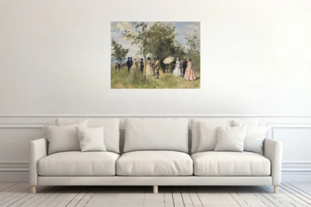 Soft painterly garden party with elegant figures, parasols, and pastel summer light under leafy trees