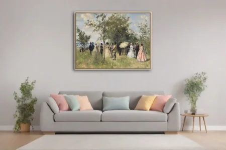Soft painterly garden party with elegant figures, parasols, and pastel summer light under leafy trees
