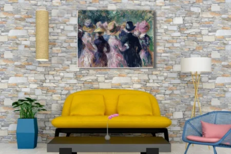 Soft painterly garden party scene with bonneted figures in pink, ivory and black against lush green foliage