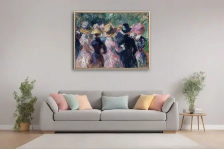Soft painterly garden party scene with bonneted figures in pink, ivory and black against lush green foliage