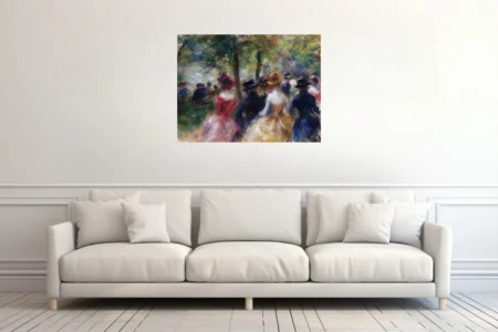 Soft painterly park scene with elegantly dressed figures under trees, dappled light, rich summer palette