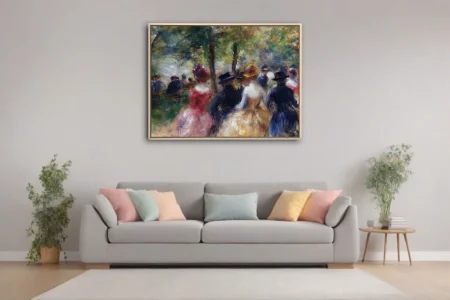 Soft painterly park scene with elegantly dressed figures under trees, dappled light, rich summer palette