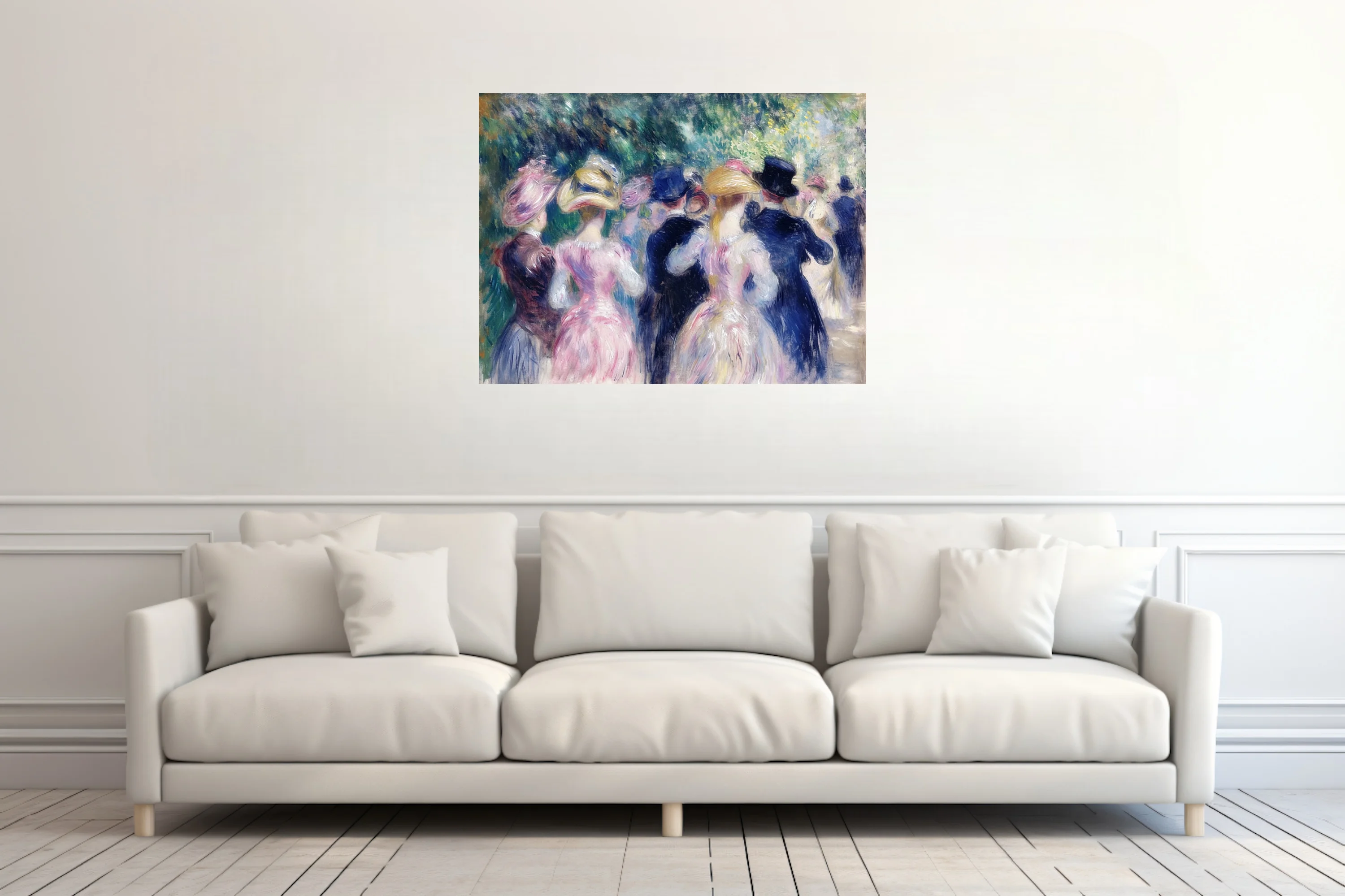 Soft painterly park gathering with pastel-clad figures in hats, dappled greenery, belle-epoque mood