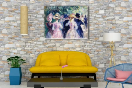 Soft painterly park gathering with pastel-clad figures in hats, dappled greenery, belle-epoque mood
