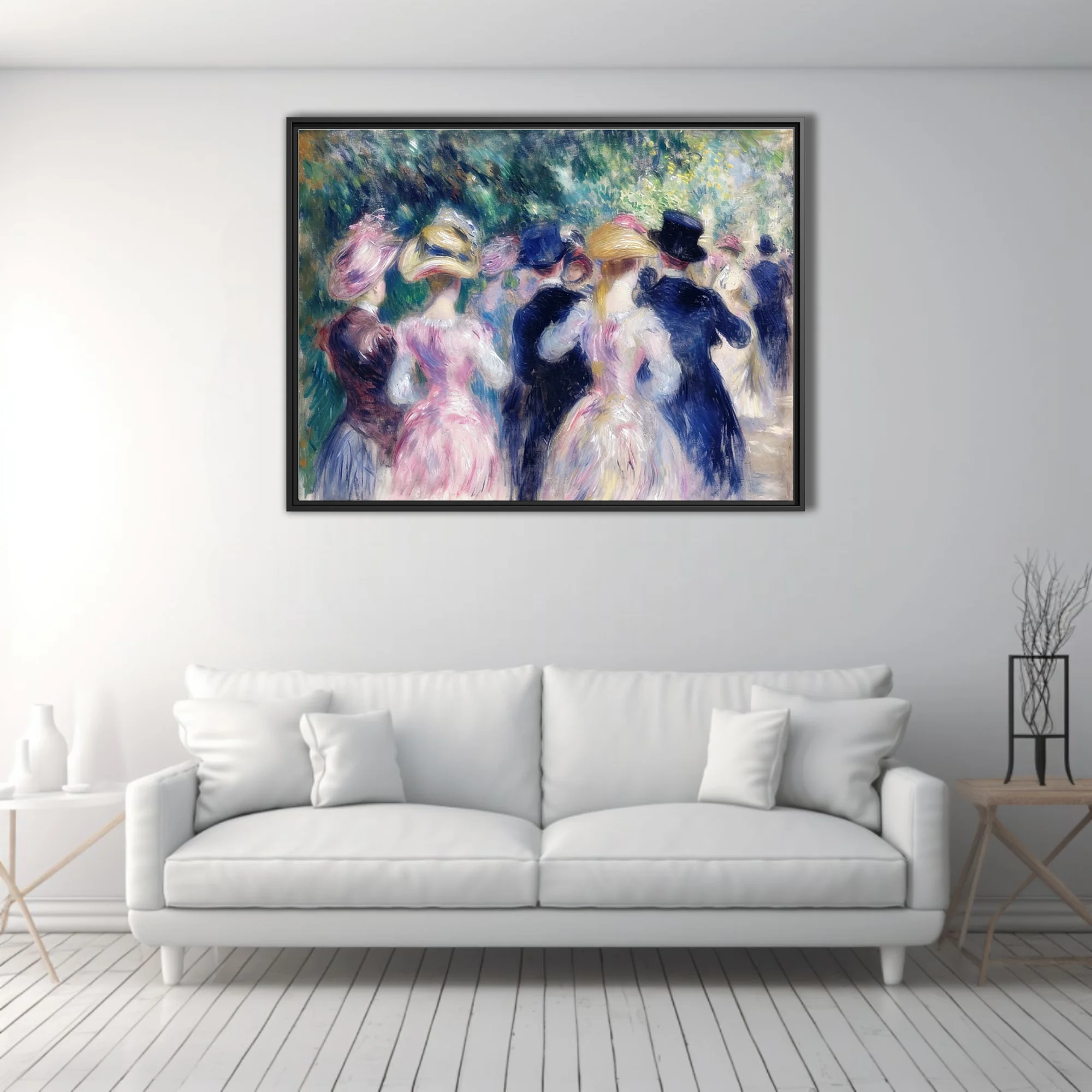 Soft painterly park gathering with pastel-clad figures in hats, dappled greenery, belle-epoque mood