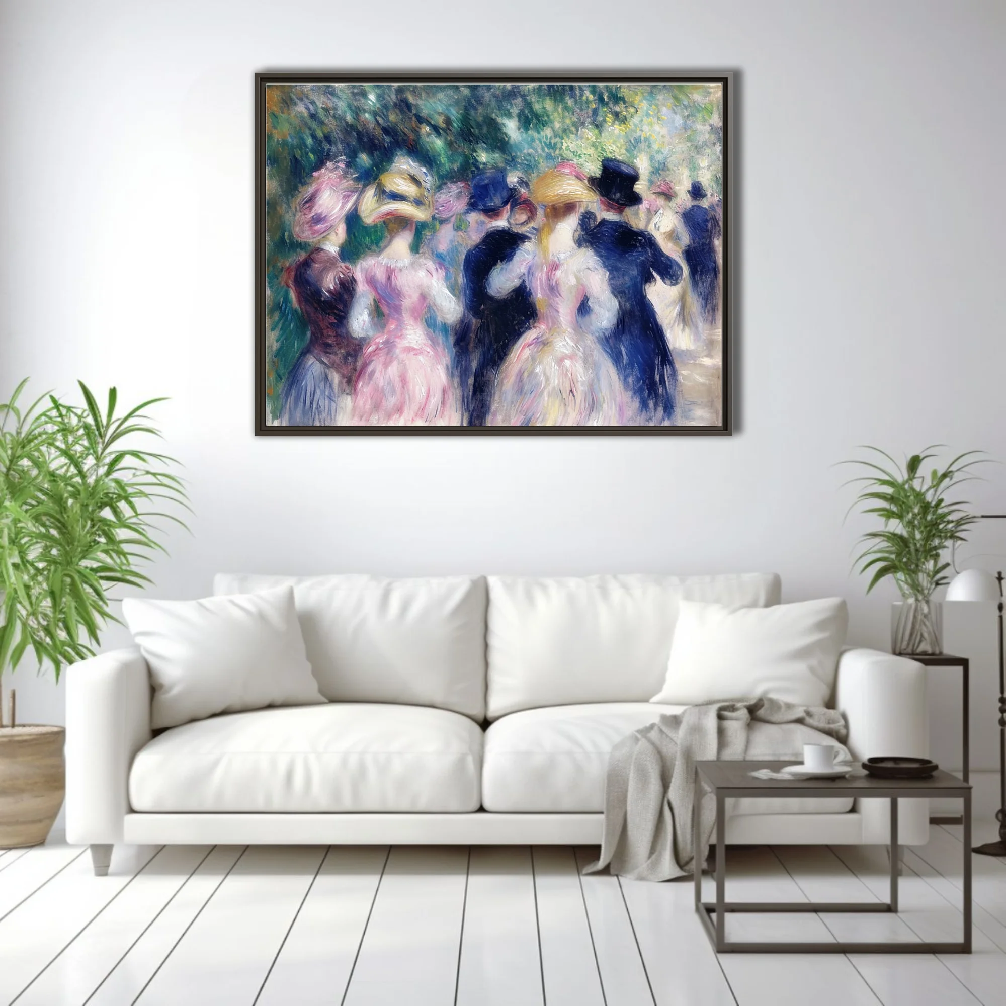 Soft painterly park gathering with pastel-clad figures in hats, dappled greenery, belle-epoque mood