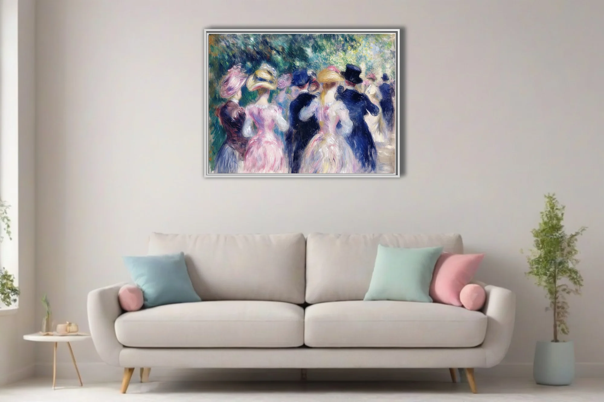 Soft painterly park gathering with pastel-clad figures in hats, dappled greenery, belle-epoque mood
