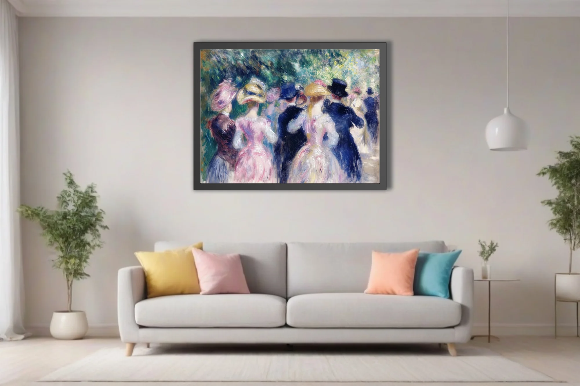 Soft painterly park gathering with pastel-clad figures in hats, dappled greenery, belle-epoque mood