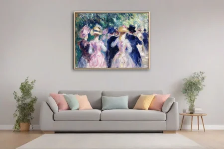 Soft painterly park gathering with pastel-clad figures in hats, dappled greenery, belle-epoque mood