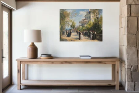 Soft painterly garden party scene with elegant figures and villa terrace in sunlit pastel tones