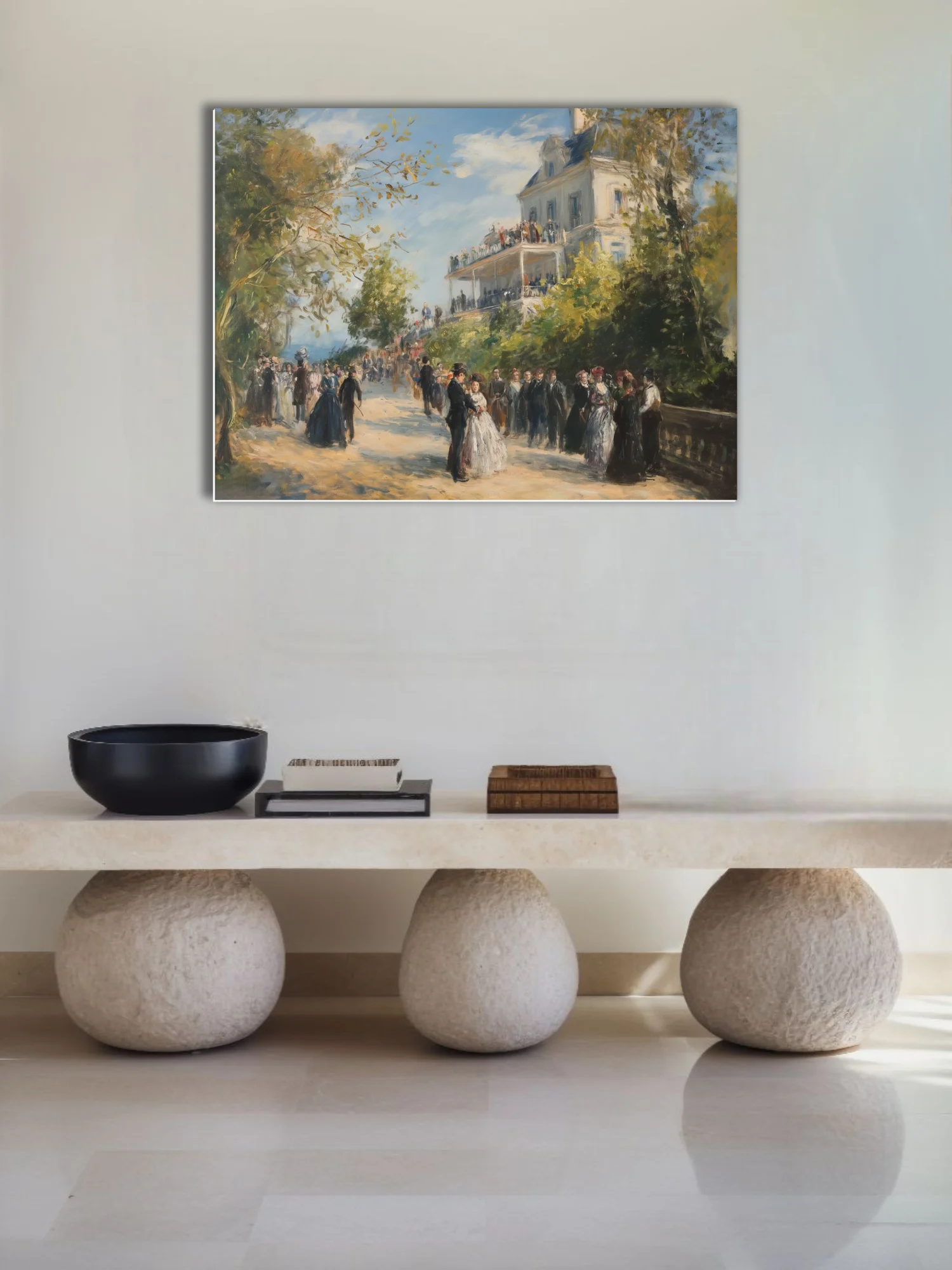 Soft painterly garden party scene with elegant figures and villa terrace in sunlit pastel tones