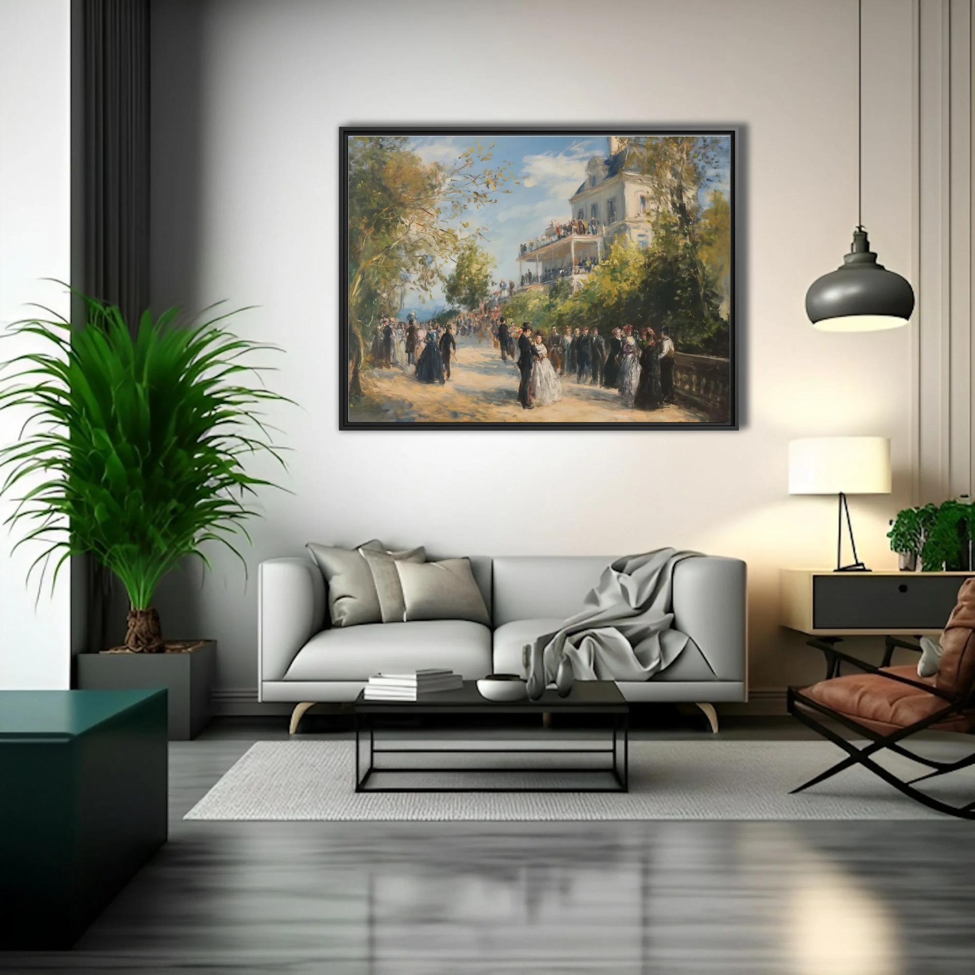 Soft painterly garden party scene with elegant figures and villa terrace in sunlit pastel tones
