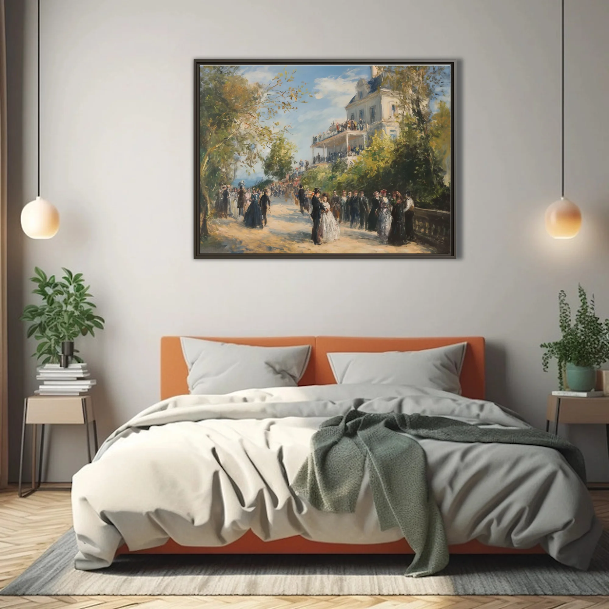 Soft painterly garden party scene with elegant figures and villa terrace in sunlit pastel tones