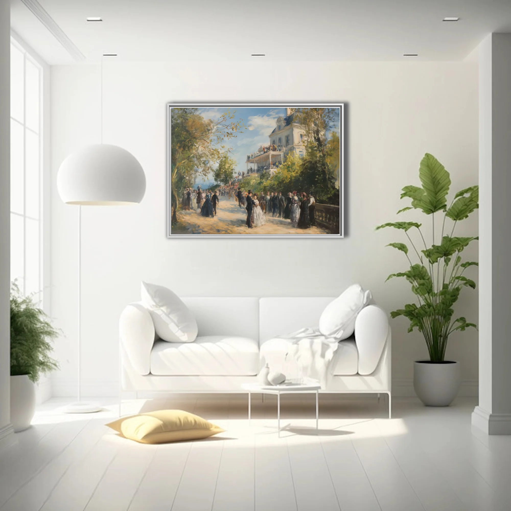 Soft painterly garden party scene with elegant figures and villa terrace in sunlit pastel tones