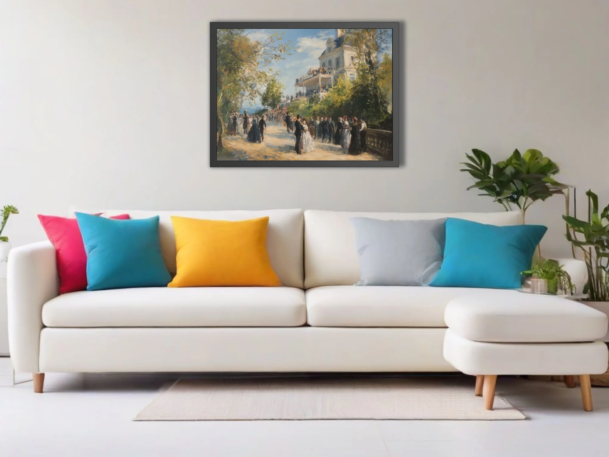 Soft painterly garden party scene with elegant figures and villa terrace in sunlit pastel tones